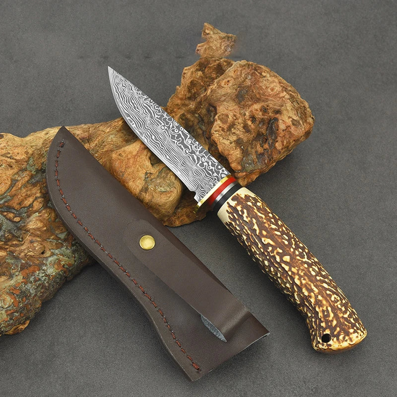 New outdoor knife Damascus patterned imitation bone handle with sharp meat slicing Inner Mongolia small knife D3 handle