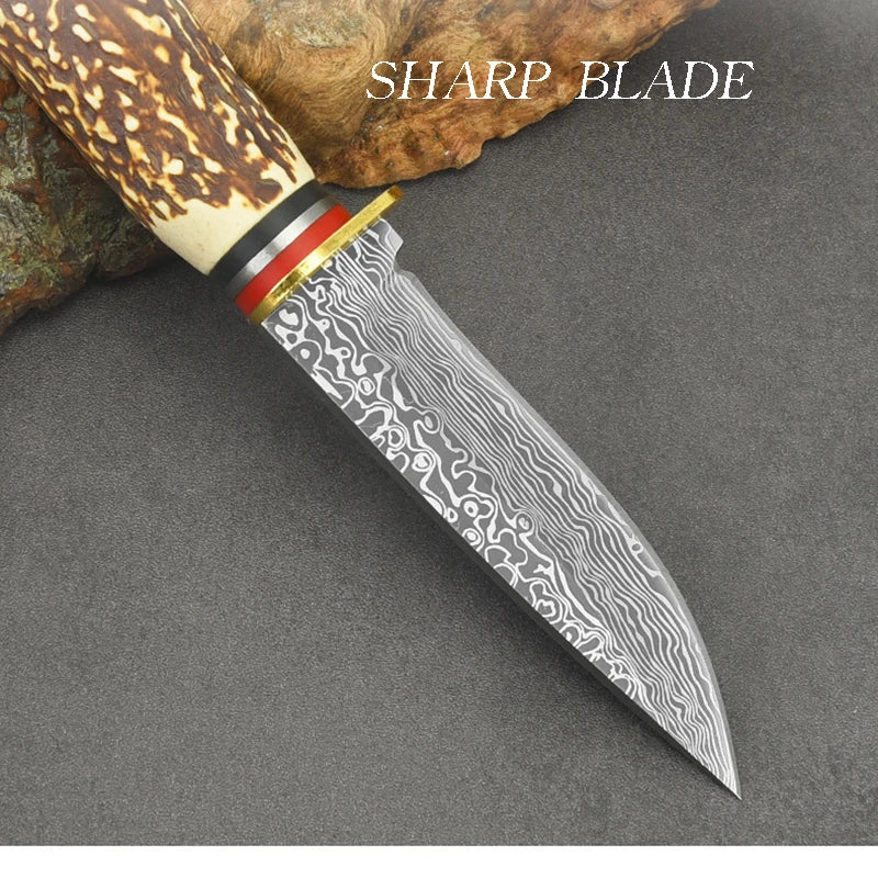 New outdoor knife Damascus patterned imitation bone handle with sharp meat slicing Inner Mongolia small knife D3 handle