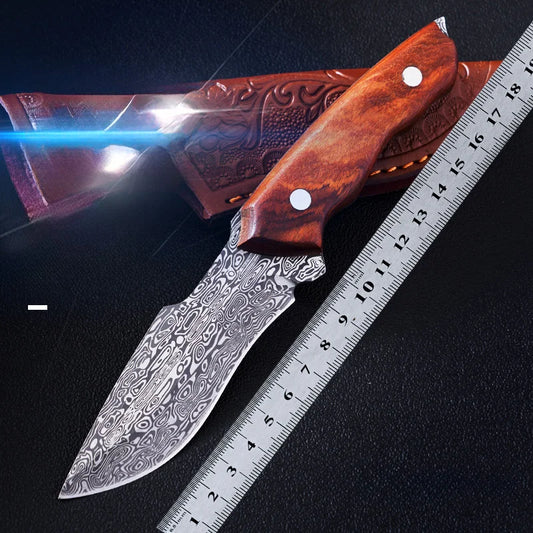 "Damascus"z Outdoor Mongolian knife, Damascus pattern meat knife, high hardness straight knife, sharp straight knife with sleeve knife