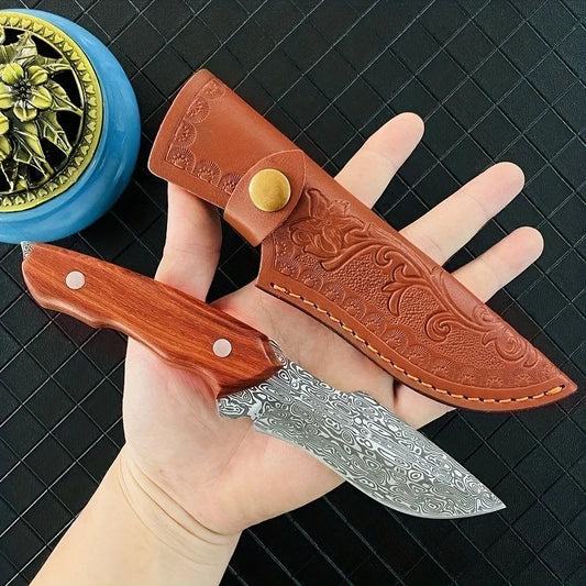 Outdoor camping eat meat knife, Damascus pattern fruit knife, high hardness portable self-defense knife, eat meat Mongolian knif