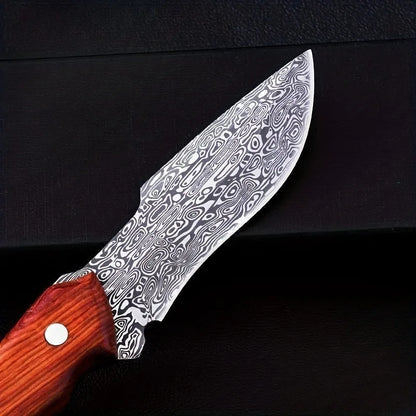 Outdoor camping eat meat knife, Damascus pattern fruit knife, high hardness portable self-defense knife, eat meat Mongolian knif