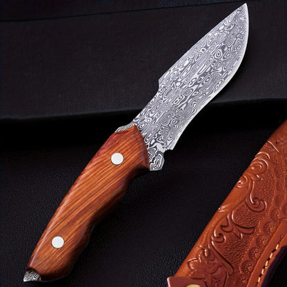 Outdoor camping eat meat knife, Damascus pattern fruit knife, high hardness portable self-defense knife, eat meat Mongolian knif