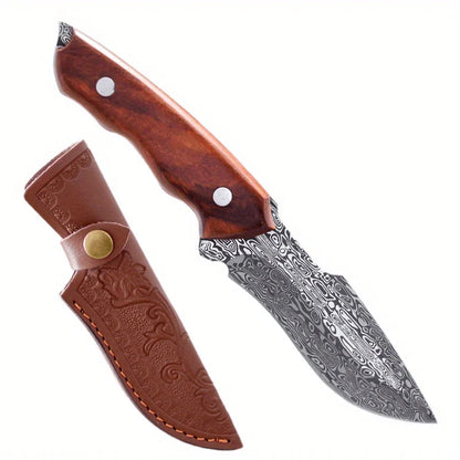 Outdoor camping eat meat knife, Damascus pattern fruit knife, high hardness portable self-defense knife, eat meat Mongolian knif