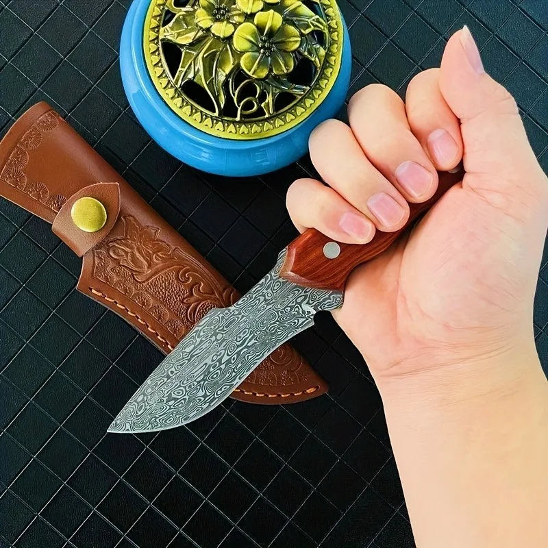 Outdoor camping eat meat knife, Damascus pattern fruit knife, high hardness portable self-defense knife, eat meat Mongolian knif