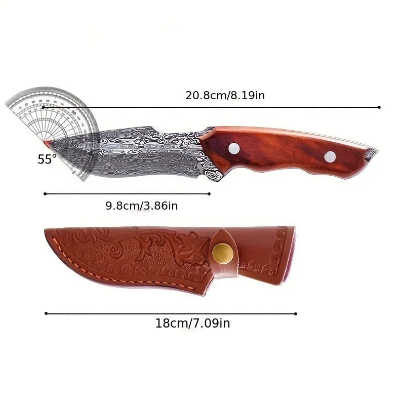 Outdoor camping eat meat knife, Damascus pattern fruit knife, high hardness portable self-defense knife, eat meat Mongolian knif