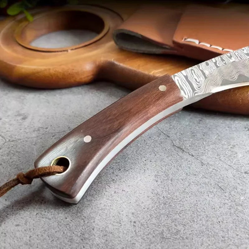 PLYS-Damascus patterned old-fashioned Mongolian knife, mini curved knife, barbecue outdoor knife, meat eating knife