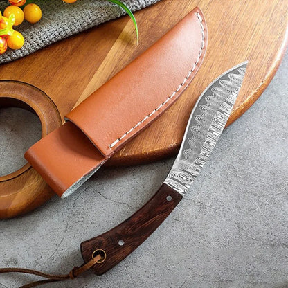 PLYS-Damascus patterned old-fashioned Mongolian knife, mini curved knife, barbecue outdoor knife, meat eating knife