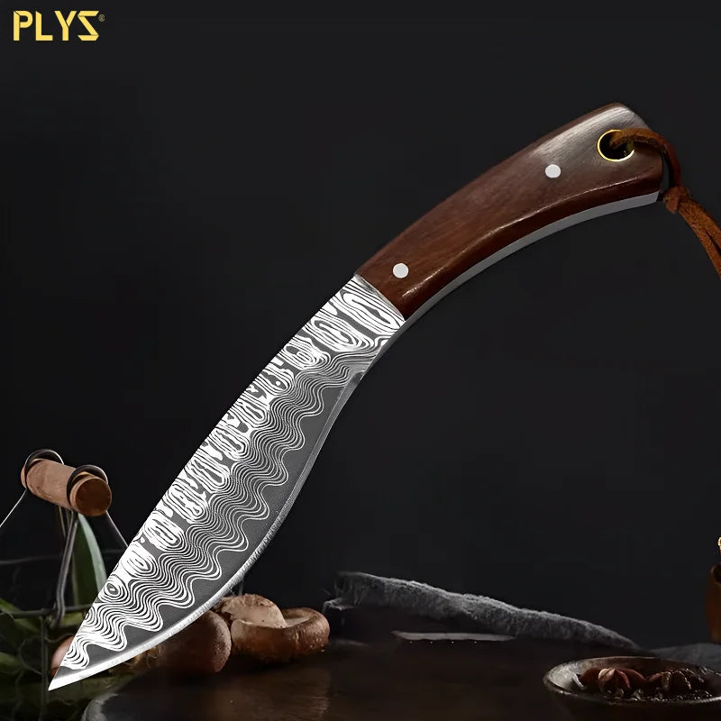 PLYS-Damascus patterned old-fashioned Mongolian knife, mini curved knife, barbecue outdoor knife, meat eating knife