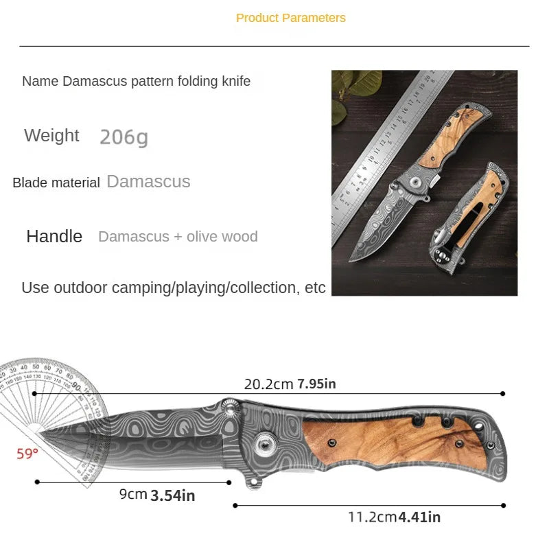 Portable Damascus Pattern Folding Pocket Knife, Sharp And Durable Survival Tool For Outdoor Sports, Hiking And Camping