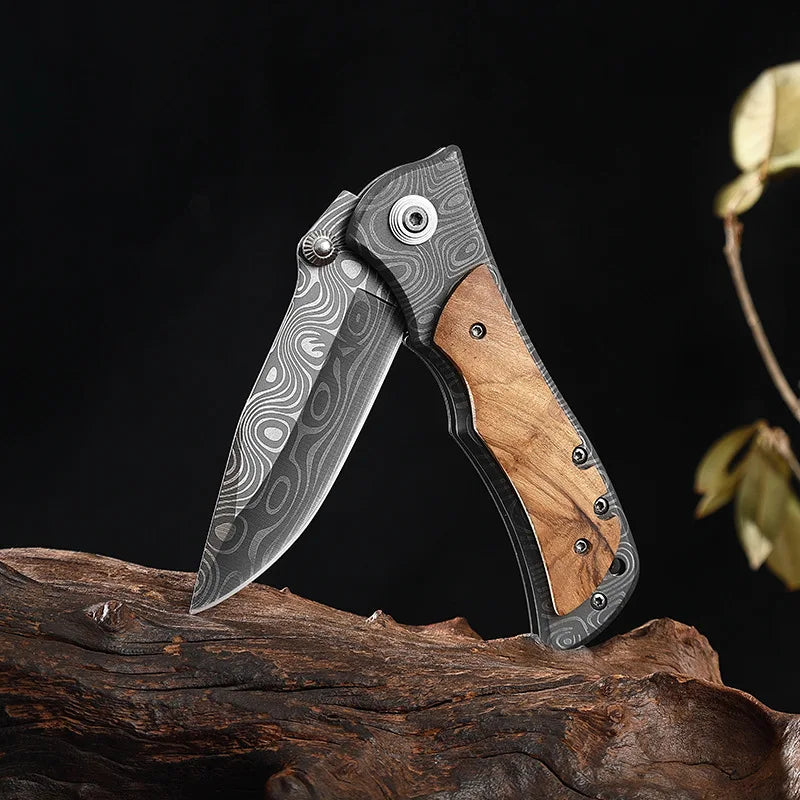 Portable Damascus Pattern Folding Pocket Knife, Sharp And Durable Survival Tool For Outdoor Sports, Hiking And Camping