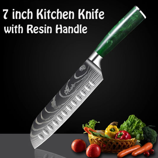 Professional Chef's Knife Damascus Laser Santoku Knife Kitchen Chopping Knives for Vegetable Fruit Boning Knife Resin Handle