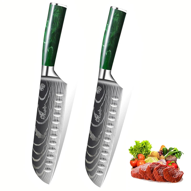 Professional Chef's Knife Damascus Laser Santoku Knife Kitchen Chopping Knives for Vegetable Fruit Boning Knife Resin Handle