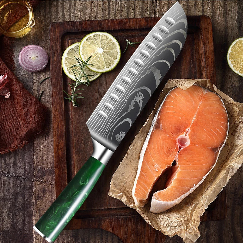 Professional Chef's Knife Damascus Laser Santoku Knife Kitchen Chopping Knives for Vegetable Fruit Boning Knife Resin Handle