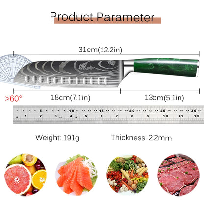 Professional Chef's Knife Damascus Laser Santoku Knife Kitchen Chopping Knives for Vegetable Fruit Boning Knife Resin Handle