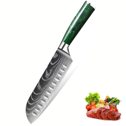 Professional Chef's Knife Damascus Laser Santoku Knife Kitchen Chopping Knives for Vegetable Fruit Boning Knife Resin Handle