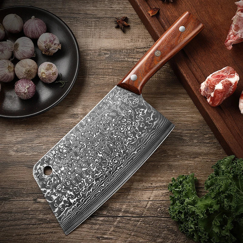 67-layer Damascus Steel Bone Cleaver Chef's Special Dual-purpose Bone Cutting Knife with Thickened Wooden Handle Bone Knife