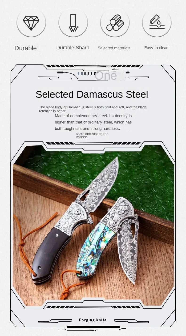 A Damascus folding blacksmith Legendary Assassin outdoor folding knife camping mountaineering fishing portable collector fruit k