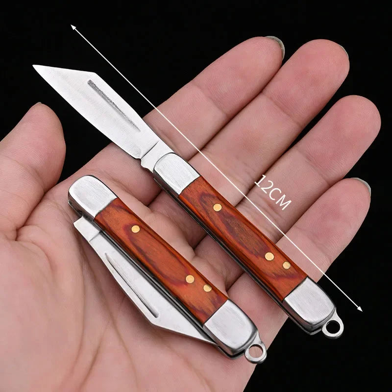 Stainless Steel Blade Wood Handle Mini Pocket Keychain Knife Folding EDC Tool Outdoor Camping Survival Utility Knife Peeling