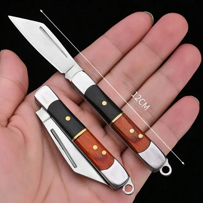 Stainless Steel Blade Wood Handle Mini Pocket Keychain Knife Folding EDC Tool Outdoor Camping Survival Utility Knife Peeling