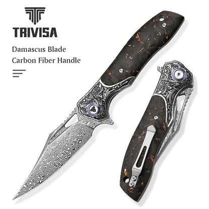 TRIVISA  Pocket EDC Knife for Men,Camping Folding Knife with Clip， 3.77'' Damascus Steel Blade, Carbon Fiber Handle，Good Knives