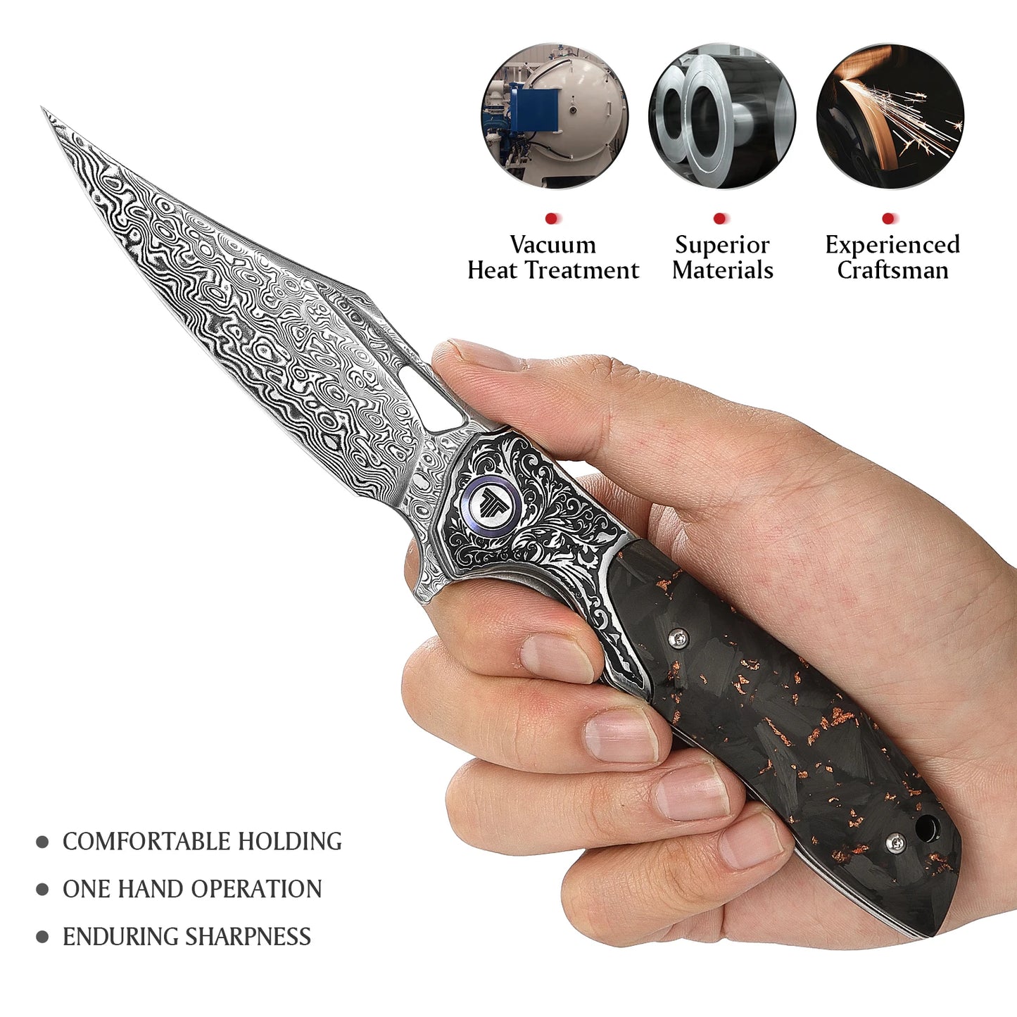 TRIVISA  Pocket EDC Knife for Men,Camping Folding Knife with Clip， 3.77'' Damascus Steel Blade, Carbon Fiber Handle，Good Knives