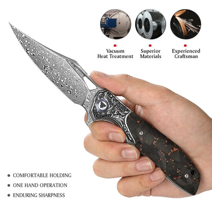 TRIVISA  Pocket EDC Knife for Men,Camping Folding Knife with Clip， 3.77'' Damascus Steel Blade, Carbon Fiber Handle，Good Knives