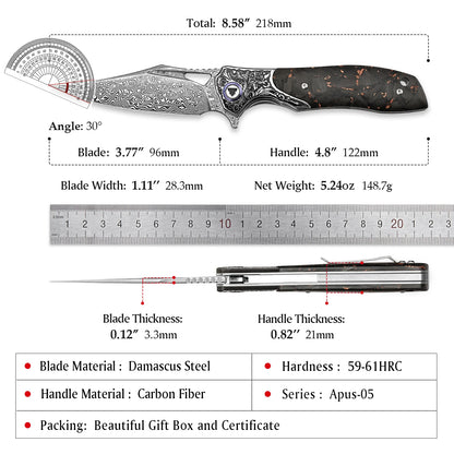 TRIVISA  Pocket EDC Knife for Men,Camping Folding Knife with Clip， 3.77'' Damascus Steel Blade, Carbon Fiber Handle，Good Knives