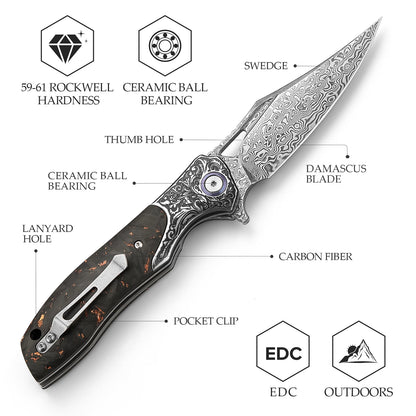 TRIVISA  Pocket EDC Knife for Men,Camping Folding Knife with Clip， 3.77'' Damascus Steel Blade, Carbon Fiber Handle，Good Knives