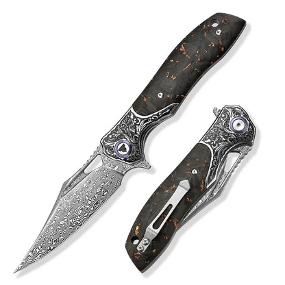 TRIVISA  Pocket EDC Knife for Men,Camping Folding Knife with Clip， 3.77'' Damascus Steel Blade, Carbon Fiber Handle，Good Knives