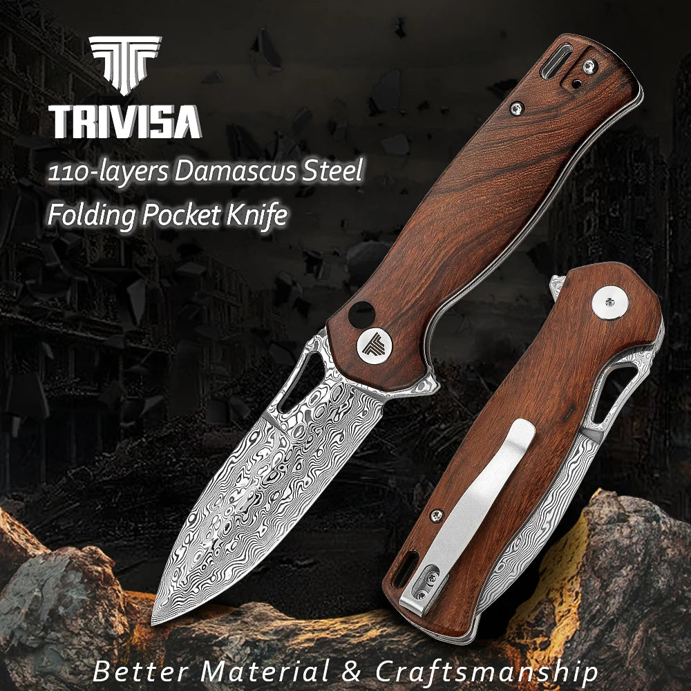 TRIVISA Pocket Folding Knife for Camp Men, EDC Flipper Knives with Clip for Outdoor Tool, 3.38" Damascus Steel & Ironwood Scales