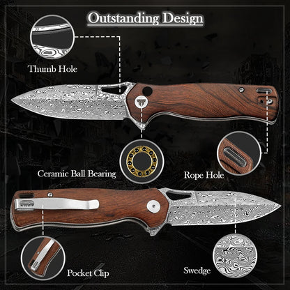 TRIVISA Pocket Folding Knife for Camp Men, EDC Flipper Knives with Clip for Outdoor Tool, 3.38" Damascus Steel & Ironwood Scales