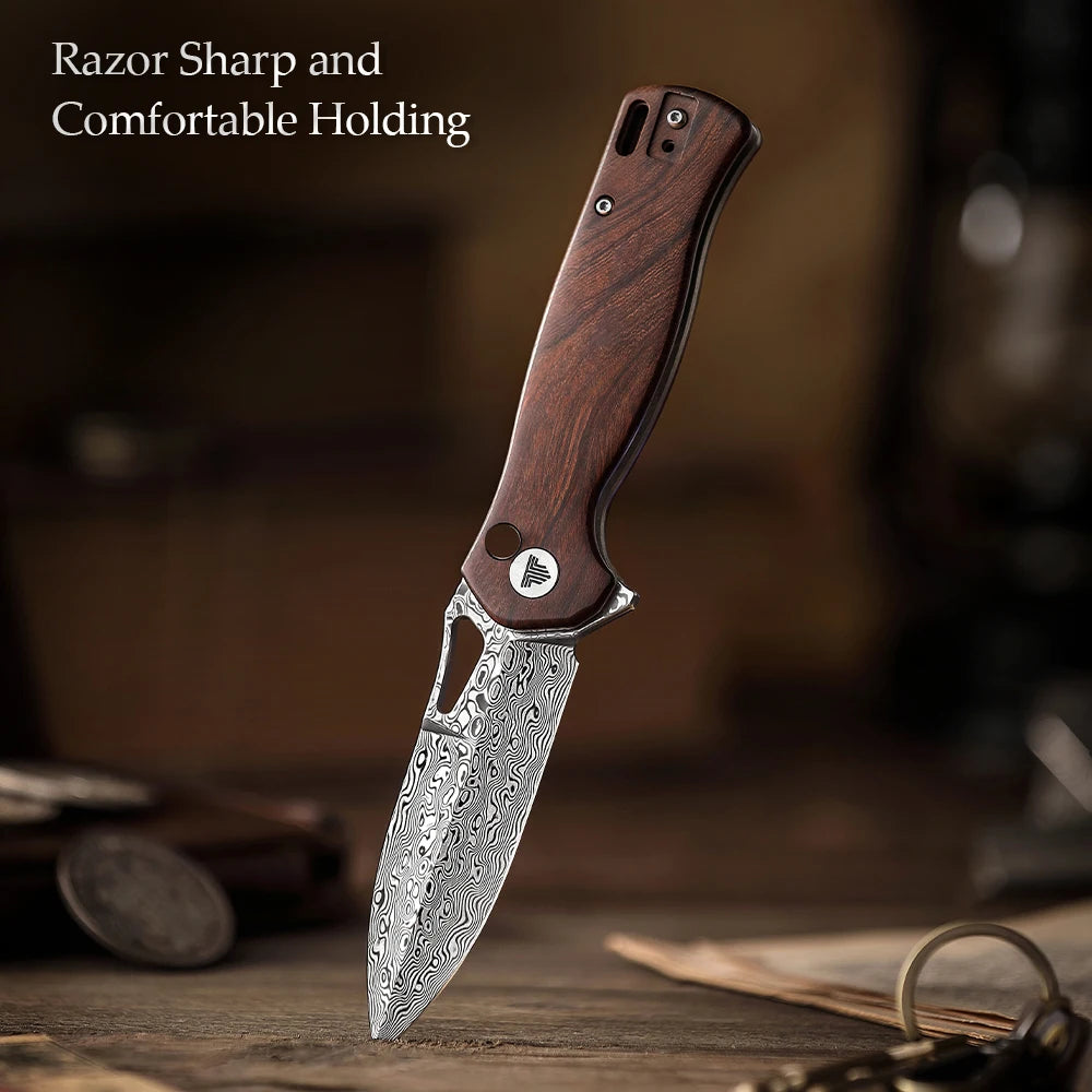 TRIVISA Pocket Folding Knife for Camp Men, EDC Flipper Knives with Clip for Outdoor Tool, 3.38" Damascus Steel & Ironwood Scales