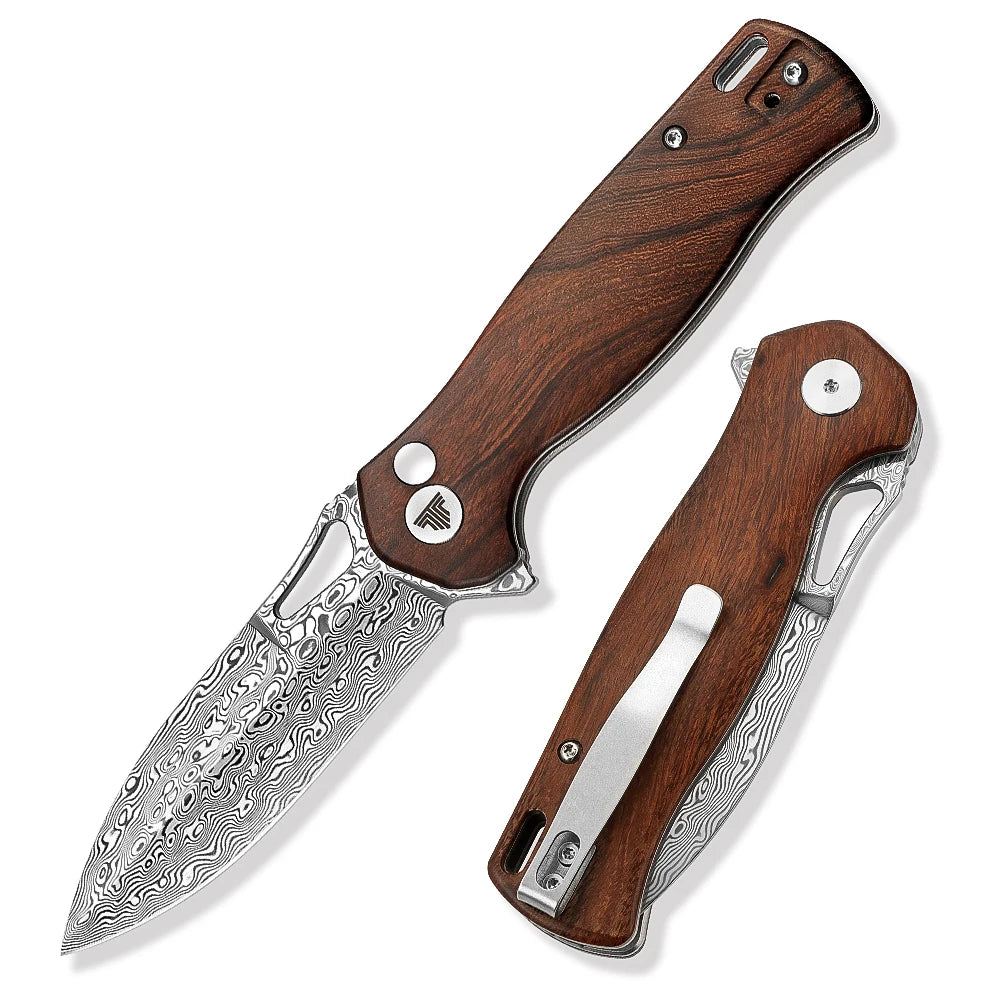 TRIVISA Pocket Folding Knife for Camp Men, EDC Flipper Knives with Clip for Outdoor Tool, 3.38" Damascus Steel & Ironwood Scales