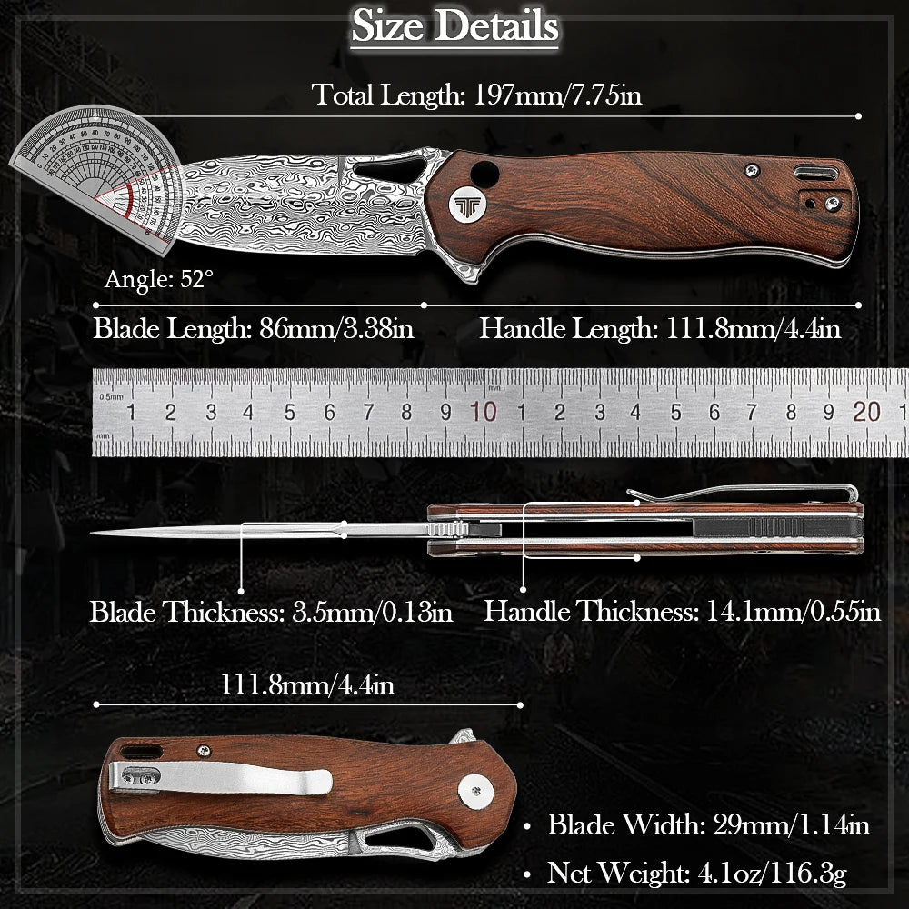 TRIVISA Pocket Folding Knife for Camp Men, EDC Flipper Knives with Clip for Outdoor Tool, 3.38" Damascus Steel & Ironwood Scales