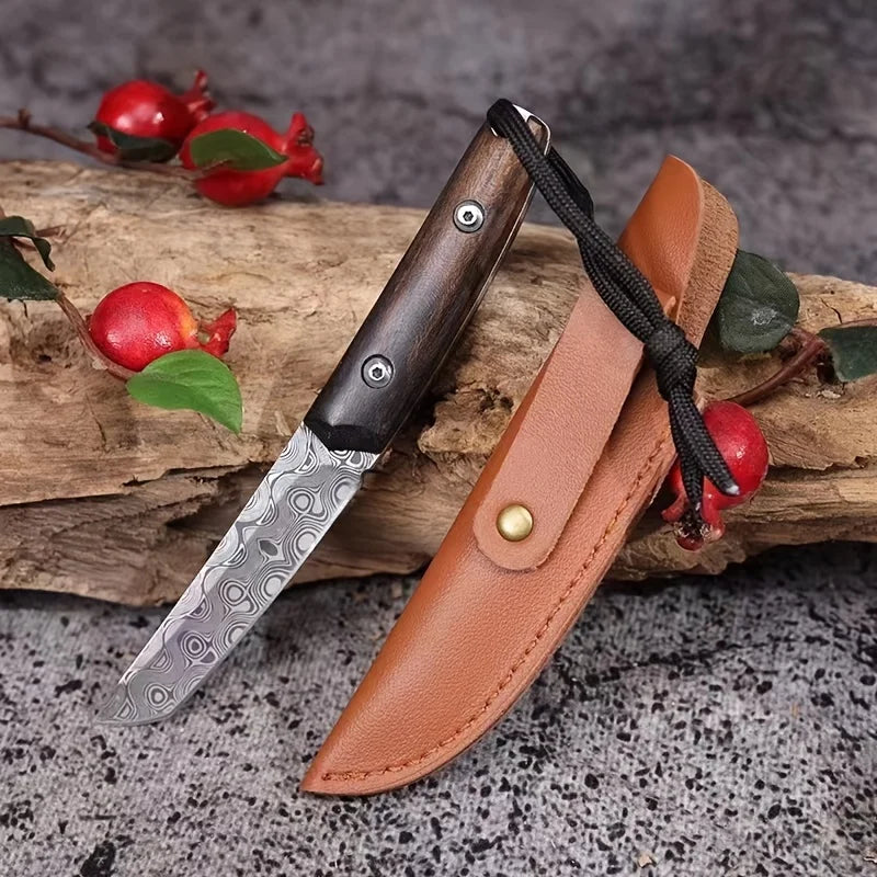 The new Damascus steel outdoor knife, portable EDC pocket knife with scabbard, is suitable for outdoor camping and travel