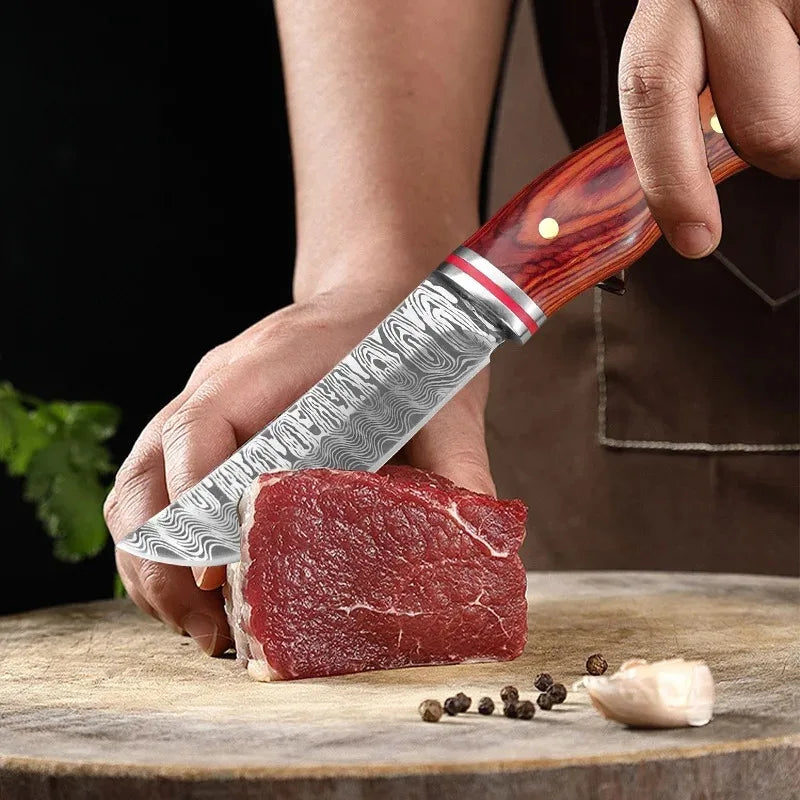 Utility Knife Cleaver Meat Slicing Knife Damascus Laser Pattern Stainless Steel Kitchen Knife Wooden Handle Chef Butcher Knife