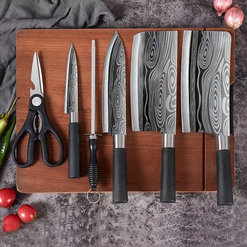 6pcs/set, Damascus Kitchen Knife Set, Stainless Steel Chef Knife, Slicing Knife, Bone Cleaver, Kitchen Vegetable Knife, Kitchen Utensils, Kitchen Supplies, Kitchen Accessaries