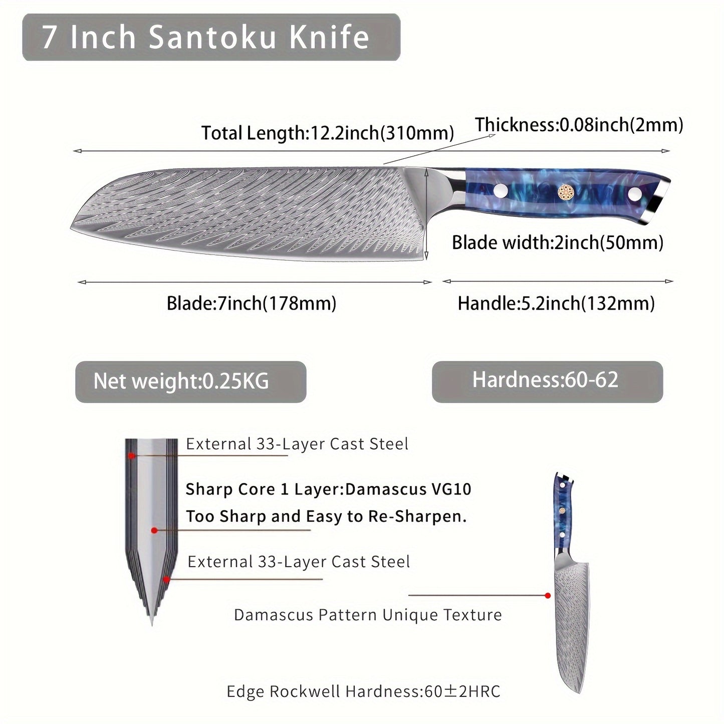 7 Inch Santoku Knife, Japanese Damascus Kitchen Knife, Professional Slicing Knife, Razor Sharp & Ergonomic Handle Design