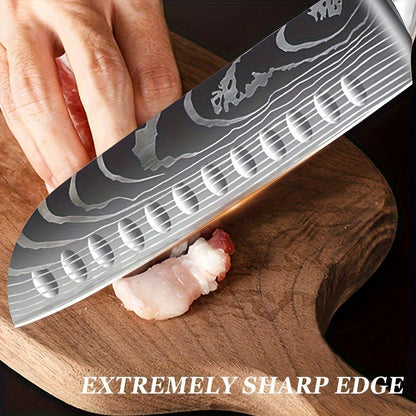 1pc,Kitchen KnifeStainless Steel Kitchen Knife Cooking Knife Laser Damascus Pattern Santoku Knife Professional Boning Knife Sharp Fruit Knife Japanese Santoku Knife Cleaver Slicing Utility Knife