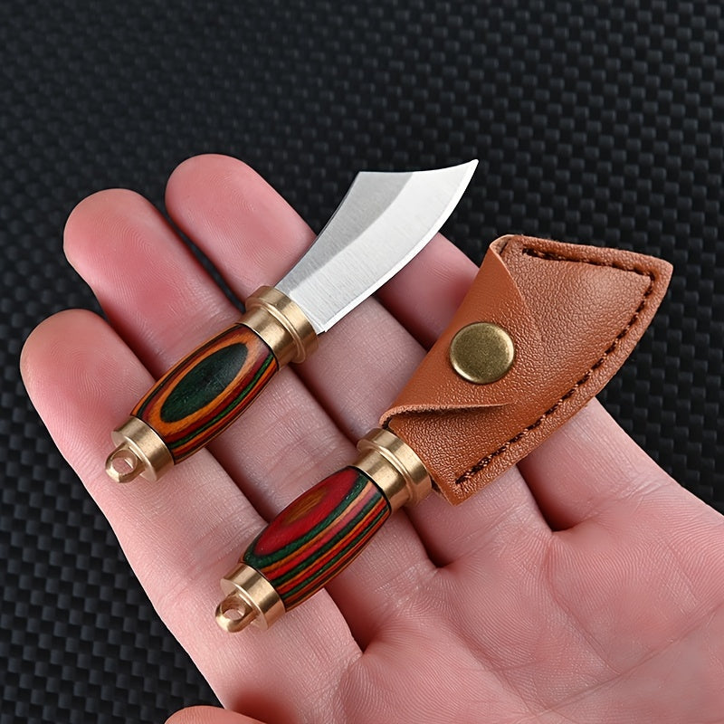 1pc EDC Tool Brass Colored Wood Handle SUS Blade Mini Knife Sharp Chopper Key Chain Hanging Knife With Sheath