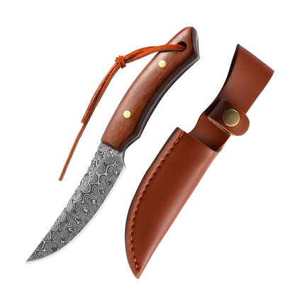 1pc, Damascus Pattern Knife With Sheath, Portable Survival Knife For Outdoor Camping Emergency