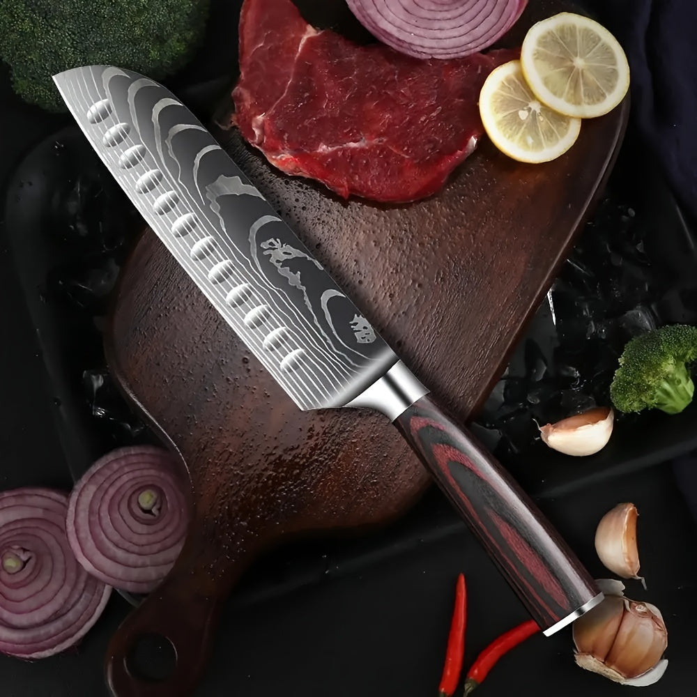 1pc,Kitchen KnifeStainless Steel Kitchen Knife Cooking Knife Laser Damascus Pattern Santoku Knife Professional Boning Knife Sharp Fruit Knife Japanese Santoku Knife Cleaver Slicing Utility Knife