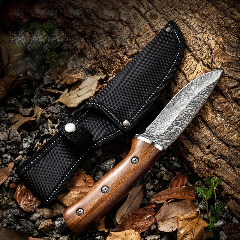 9.3 Inch Hunting Knife, 4mm Thick Imitation Damascus Pattern Knife, High Carbon Stainless Steel Knife With Solid Wood Handle For Outdoor Tactical Camping, Hunting, Camping, Barbecue, Kitchen Stuff