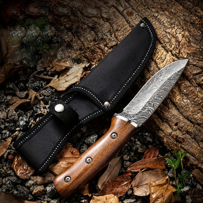 9.3 Inch Hunting Knife, 4mm Thick Imitation Damascus Pattern Knife, High Carbon Stainless Steel Knife With Solid Wood Handle For Outdoor Tactical Camping, Hunting, Camping, Barbecue, Kitchen Stuff