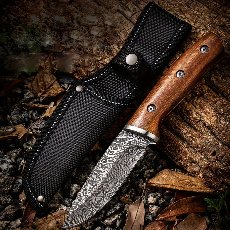 9.3 Inch Hunting Knife, 4mm Thick Imitation Damascus Pattern Knife, High Carbon Stainless Steel Knife With Solid Wood Handle For Outdoor Tactical Camping, Hunting, Camping, Barbecue, Kitchen Stuff