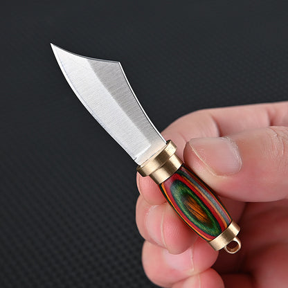 1pc EDC Tool Brass Colored Wood Handle SUS Blade Mini Knife Sharp Chopper Key Chain Hanging Knife With Sheath