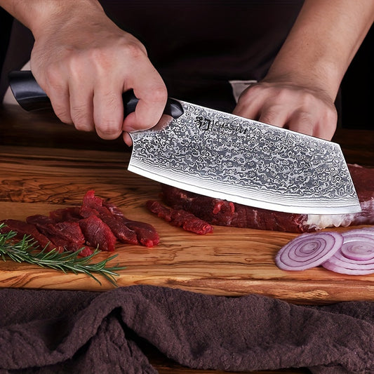 1pc, Cleaver Knife, Damascus Steel Chinese Chef Knife, Sharp Chopping Knife For Meat Vegetable (Cheetah Series, W/Ebony Wood Handle), Kitchen Utensils, Kitchen Supplies, Kitchen Accessories, Kitchen Stuffs