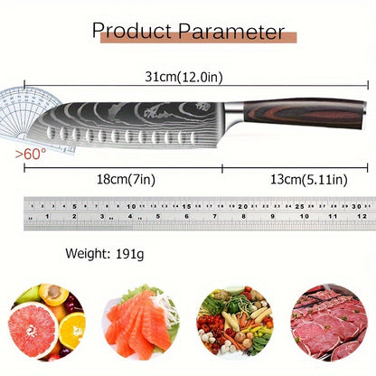 1pc,Kitchen KnifeStainless Steel Kitchen Knife Cooking Knife Laser Damascus Pattern Santoku Knife Professional Boning Knife Sharp Fruit Knife Japanese Santoku Knife Cleaver Slicing Utility Knife