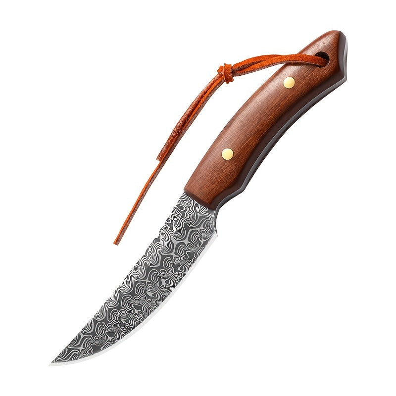 1pc, Damascus Pattern Knife With Sheath, Portable Survival Knife For Outdoor Camping Emergency