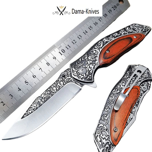 Damascus Steel Knife Quick Open Folding Blade Knife 440C Wood Handle Pocket Folding Knife Camping Hunting Survival Knives